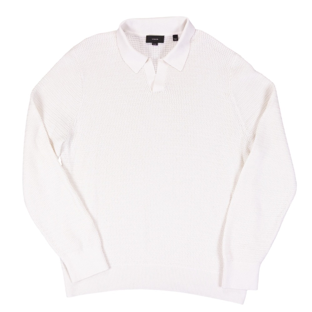 Vince Polo Sweater Mens XL Cream White Cotton Cashmere Cable Knit Long Sleeve